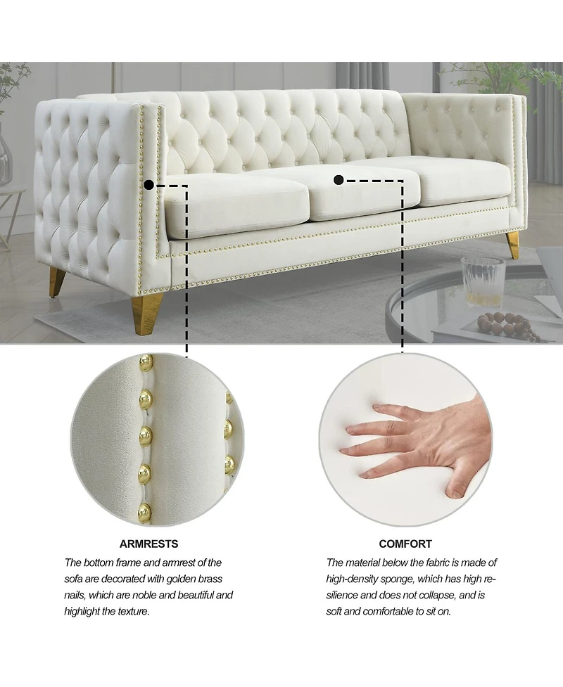 Streamdale Furniture Velvet Sofa for Living Room, Tufted Square Arm Couch, Modern Upholstered Button Couch
