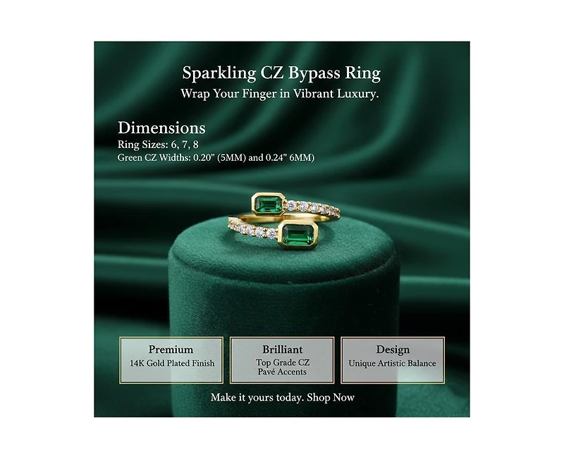Rachel Glauber Modern Cubic Zirconia Bypass Ring 14K Gold Plated