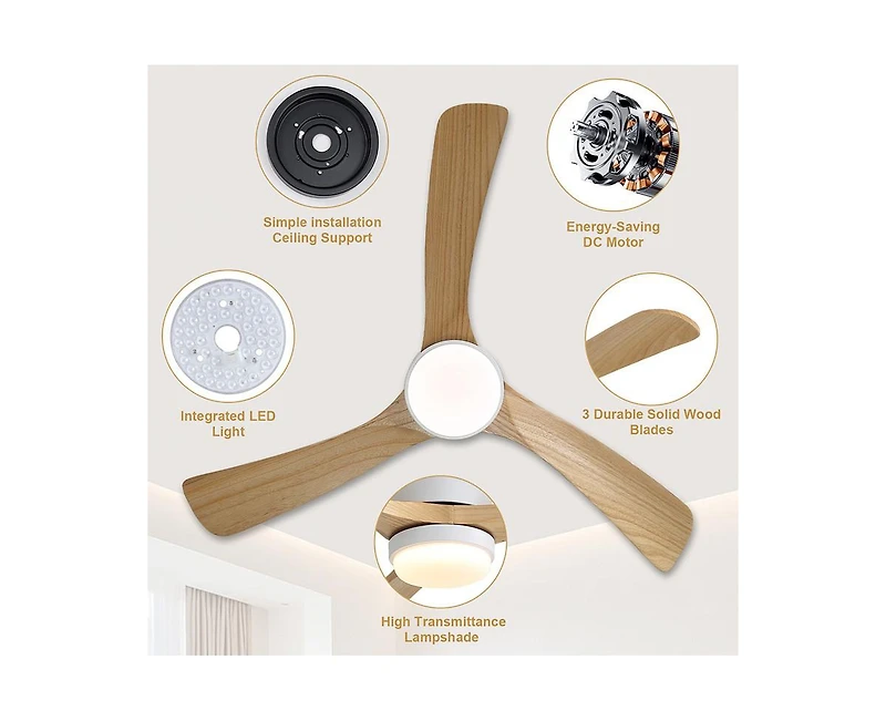 Sofucor 42-inch Minimalist 3-Blade Flush Mount Ceiling Fan with Light Remote Control and Timing Function