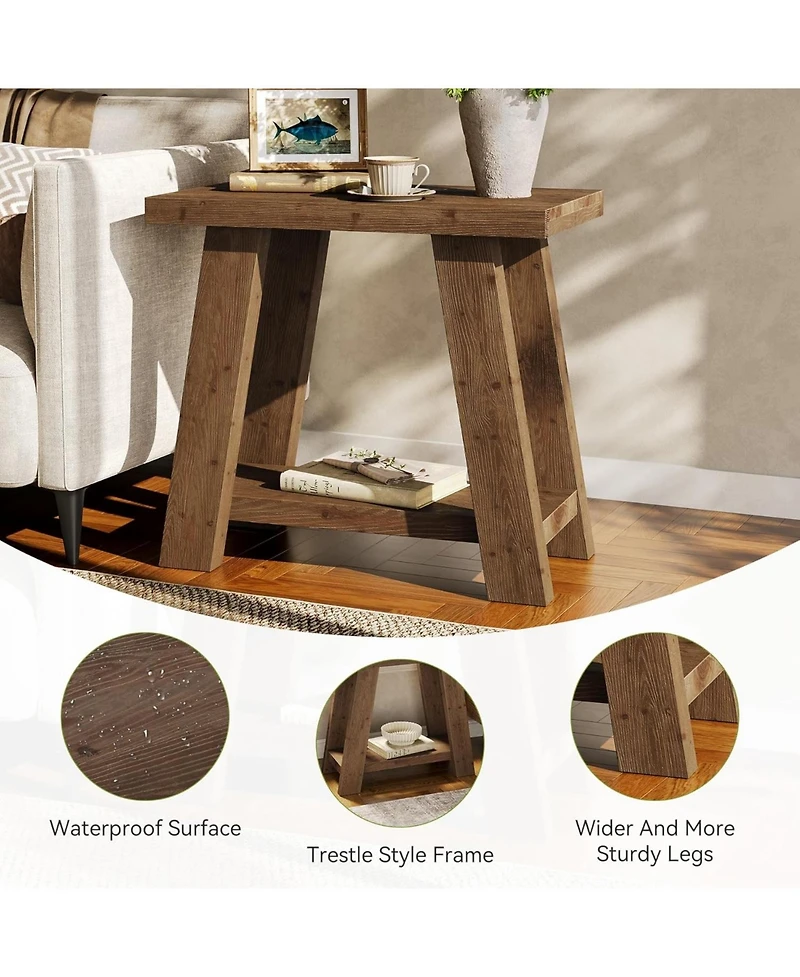 Tribesigns Solid Wood End Table, Small Side Table with 2-Tier Storage Shelf for Living Room, Rectangular Side Table