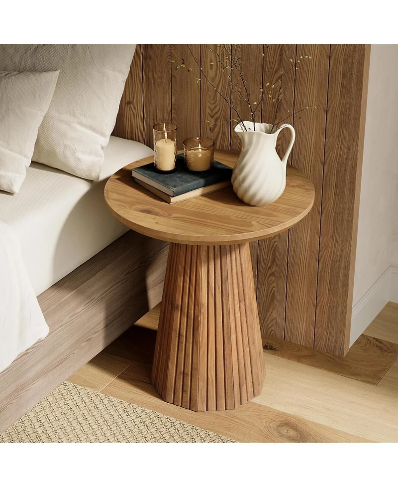 Tribesigns Solid Wood End Table Set of 2, 19" Small Round Pedestal Side Table with Fluted Base, Farmhouse Bedside Table for Living Room, Small Sp