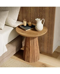 Tribesigns Solid Wood End Table Set of 2, 19" Small Round Pedestal Side Table with Fluted Base, Farmhouse Bedside Table for Living Room, Small Sp