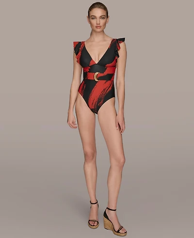 Donna Karan Women's Belted Flutter-Sleeve One-Piece Swimsuit