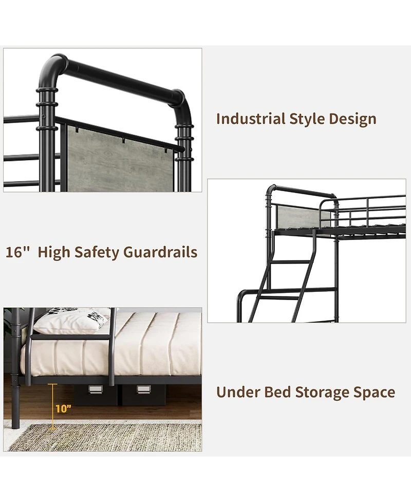 gaomon Bunk Beds Twin Over Full Size, Heavy Duty Metal Bed with Safety Guardrails, Angled Ladder, Under-Bed Storage