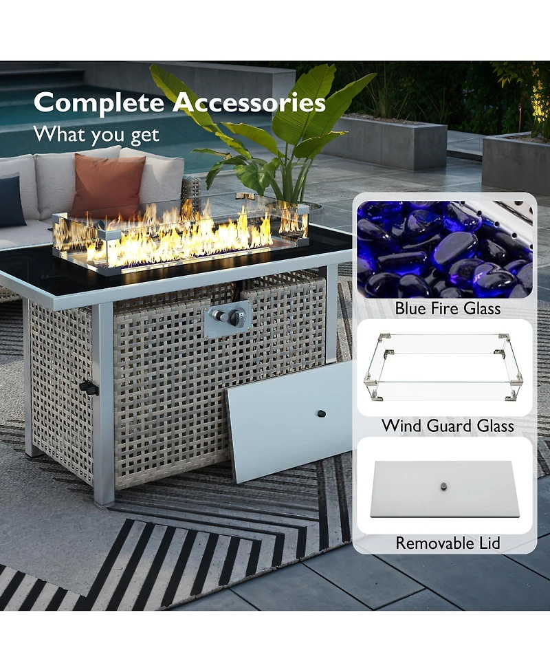 Flynama K&K 43 Inch Propane Gas Fire Pit Table 60000 Btu Rectangular Open Weave Wicker with Glass Wind Guard for Outdoor Patio Garden