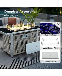 Flynama K&K 43 Inch Propane Gas Fire Pit Table 60000 Btu Rectangular Open Weave Wicker with Glass Wind Guard for Outdoor Patio Garden