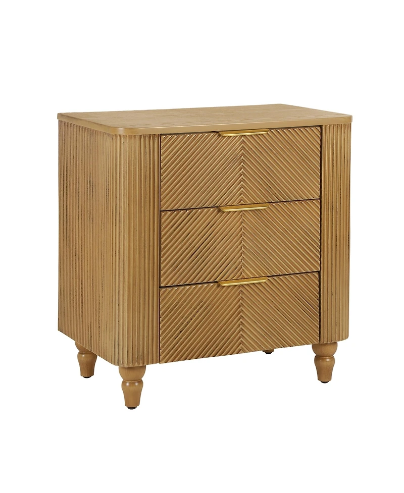 Rainsken Mid-Century Fluted Nightstand with 3 Storage Drawers, Wood Bedside End Table with Curved Profile & Metal Handle for Bedroom, Living Room