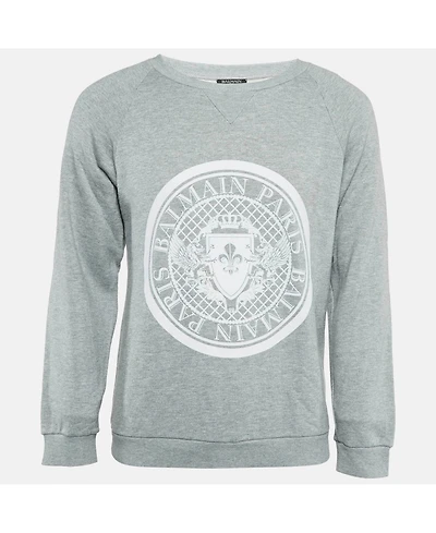 Pre-Owned Balmain Men's Grey Printed Cotton Crewneck Sweatshirt