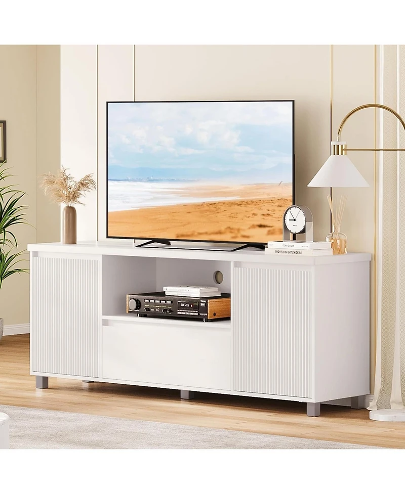 gaomon Fluted Tv Stand, White Entertainment Center for 60/65/70 Inch TVs, Modern Console With Drawer and 2 Cabinets, Media Cabinet