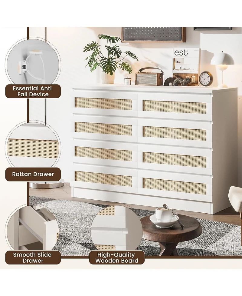 gaomon Rattan Dresser for Bedroom with 8 Drawers, 47'' Wide Chest of Oak Furniture Large Storage Tower Unit, Closet Store Organizer