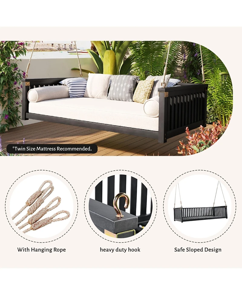 Mondawe Patio Minimalist Twin Garden Swing Bed,Wood Porch with Ropes