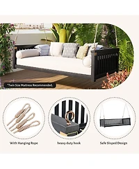 Mondawe Patio Minimalist Twin Garden Swing Bed,Wood Porch with Ropes
