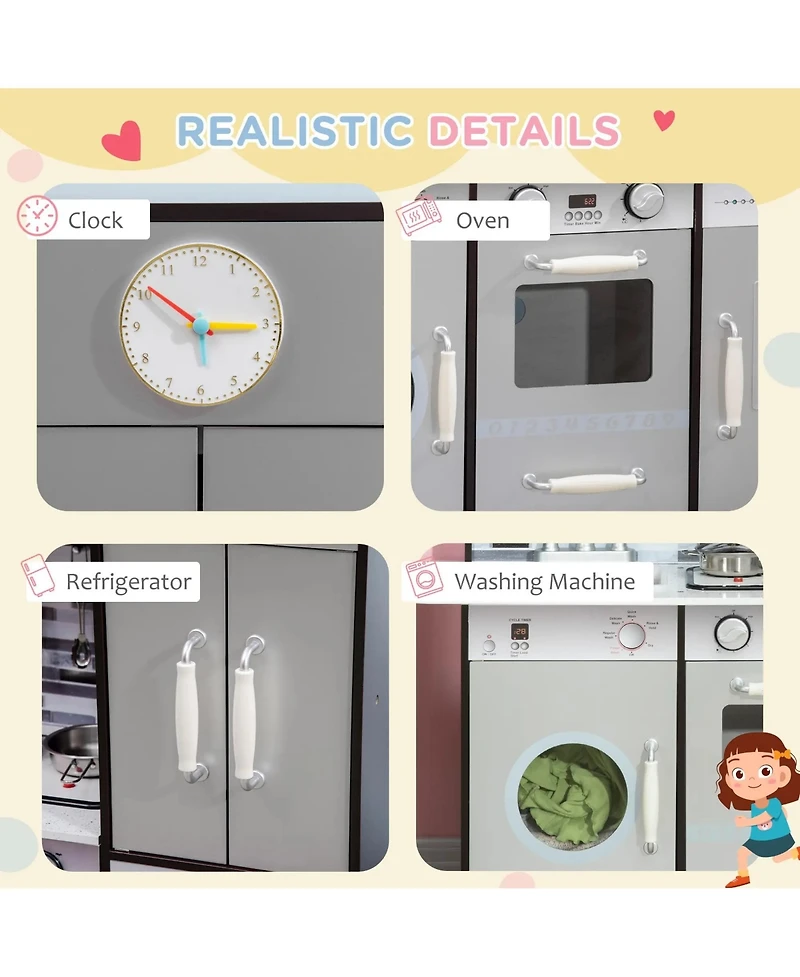 Kids Play Kitchen with Lights Sounds Analog Clock and Storage Shelves for Ages 3 to 6