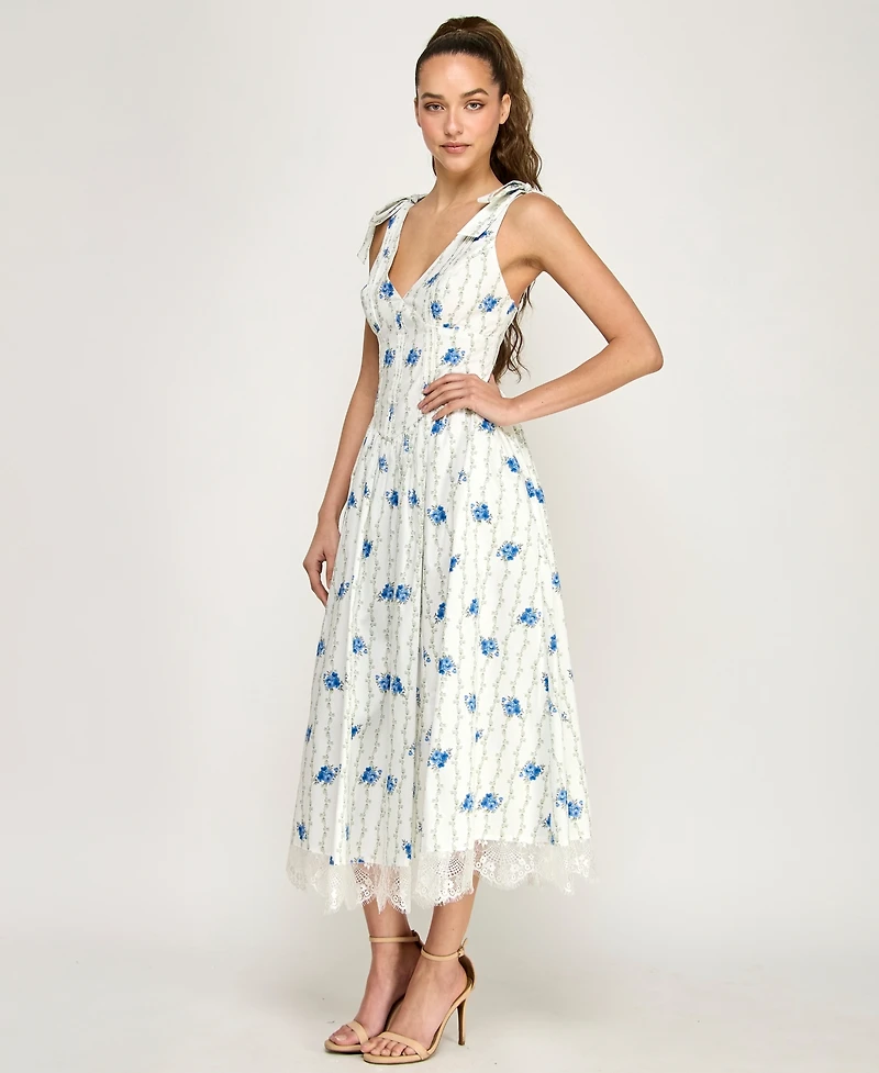 Alex & Sophia Juniors' Tie-Shoulder Floral Printed V-Neck Midi Dress