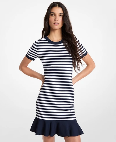Michael Kors Women's Stripe Flare Crew Neck Mini Dress