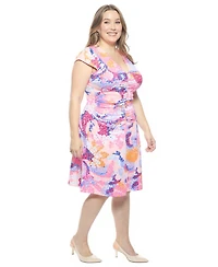 24seven Comfort Apparel Plus Abstract Cap Sleeve Ruched Front Dress