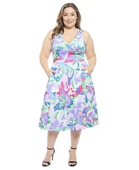 24seven Comfort Apparel Plus Abstract V-Neck Pleated Pocket Midi Dress