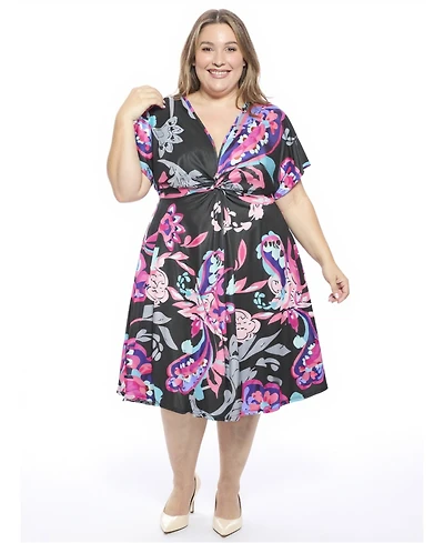 24seven Comfort Apparel Plus Paisley Dolman Sleeve Twist Front Dress