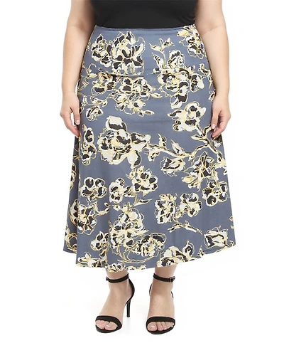 24seven Comfort Apparel Plus Floral Elastic Waist A-Line Skirt