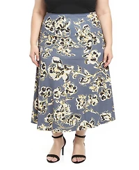 24seven Comfort Apparel Plus Floral Elastic Waist A-Line Skirt