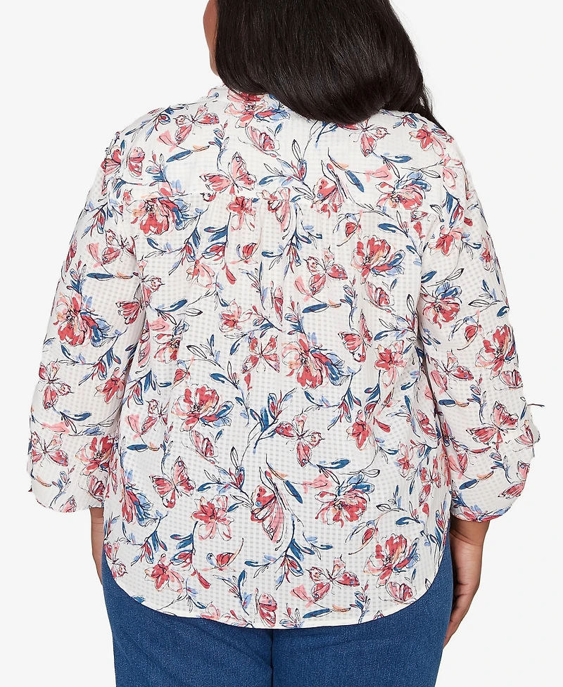 Alfred Dunner Plus Austin Etched Floral Butterfly Button Down Top