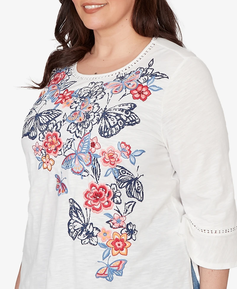 Alfred Dunner Plus Austin Embroidered Butterfly Crew Neck Knit Top