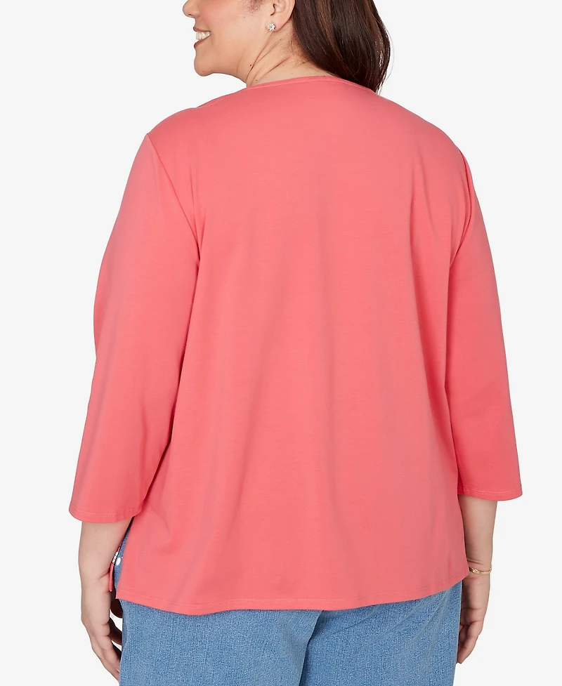 Alfred Dunner Plus Austin Asymmetric Etched Floral Knit Top