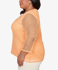 Alfred Dunner Plus Beachcomber Bright Popcorn Mesh Top with Necklace