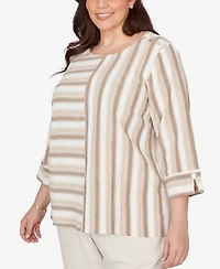 Alfred Dunner Plus Natural Wonder Spliced Stripe Three Quarter Sleeve Top