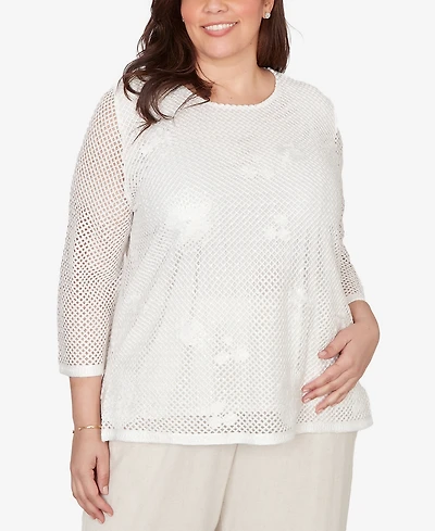 Alfred Dunner Plus Natural Wonder Sequin Mesh Flower Top