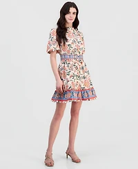 Sam Edelman Women's Poplin Short-Sleeve Belted Border-Print Mini Dress