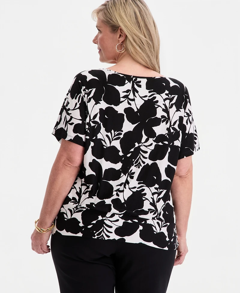 Jm Collection Plus Orchid Garden Banded-Bottom T-Shirt, Macy's Exclusive