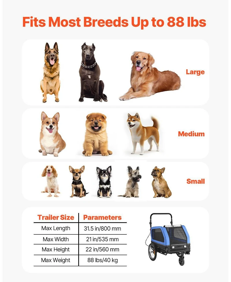 Sugift Dog Bike Trailer 2-in-1 Pet Carrier 88 Lb Capacity with Leash Attachment