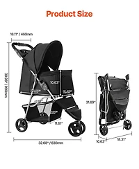 Sugift Pet Stroller 35 Lb Foldable 3-Wheel Dog Stroller with Cup Holders