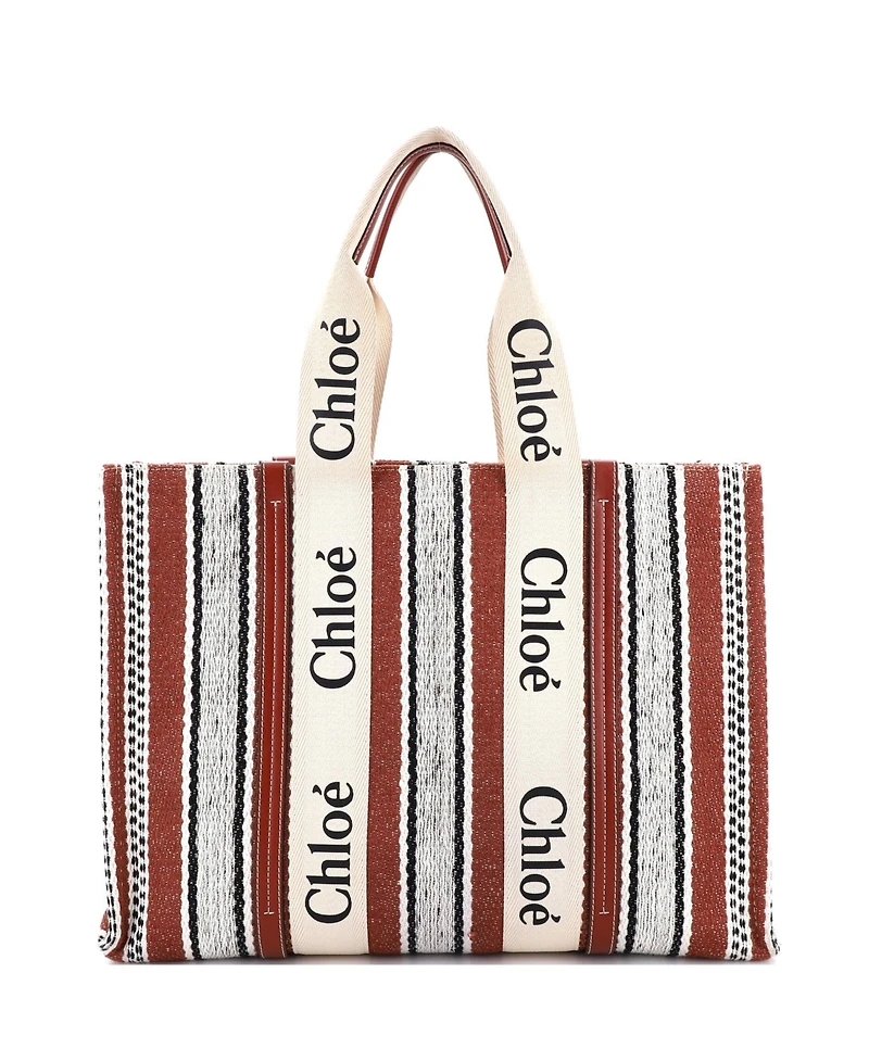 Pre-Owned Chloe Large Woody Tote Striped Linen
