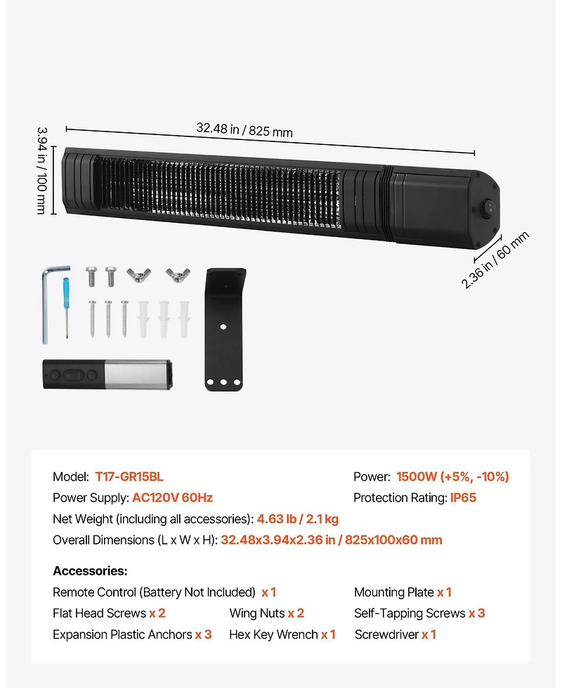 Sugift 1500W Carbon Infrared Heater with 9 Power Levels & Wall Mount Option