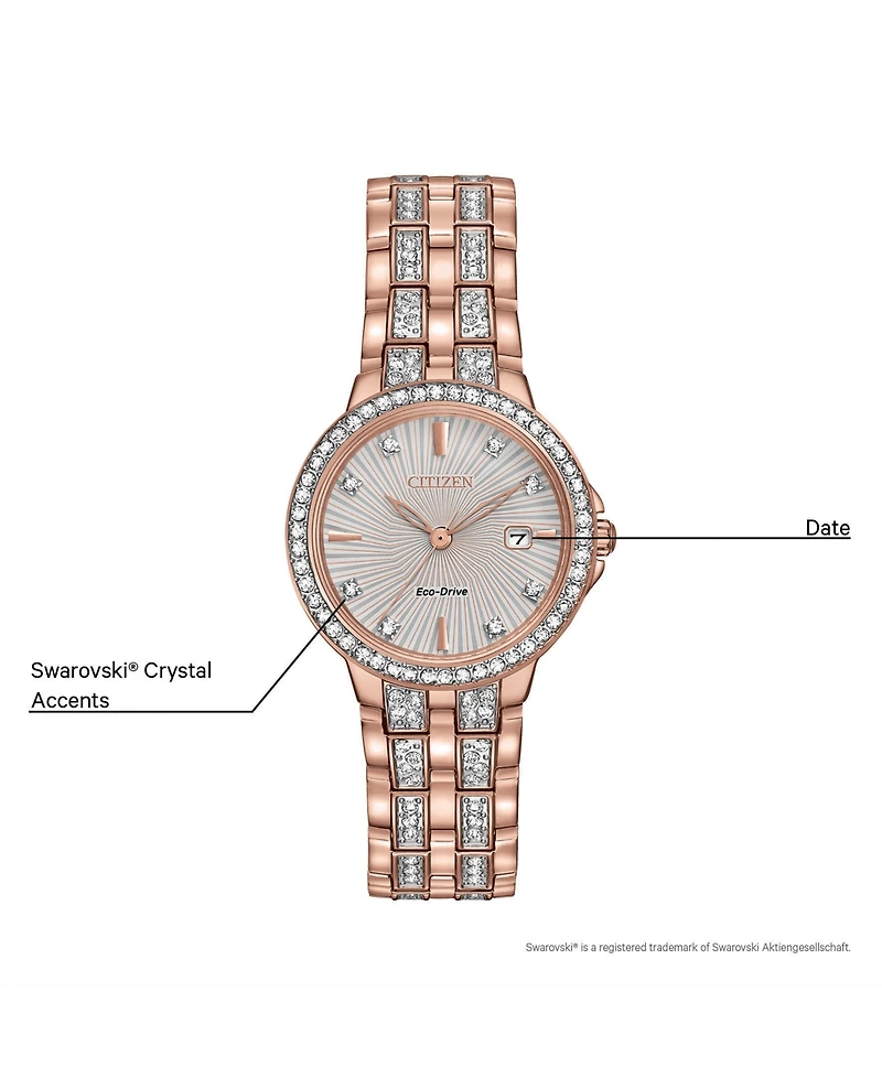 Citizen Women's Eco-Drive Crystal Accent Rose Gold-Tone Stainless Steel Bracelet Watch 28mm EW2348-56A