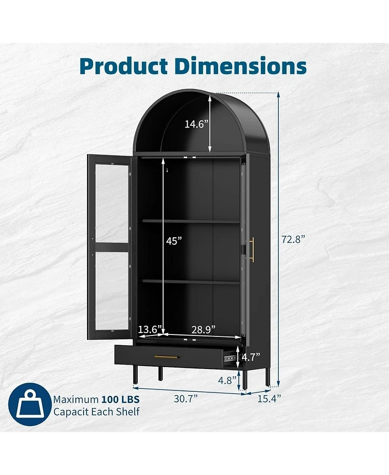 gaomon 1 Drawer & 2 Doors Arched Fluted Storage Cabinet,Black Arch Bookcase with Glass Doors, Modern Freestanding Kitchen Pantry CabinetOrganizer