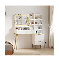 Gaomon 5 Drawer Makeup Vanity Desk Lights & Power Outlet, Modern Fluted Design for Bedrooms, Apartments, Easy to Assemble