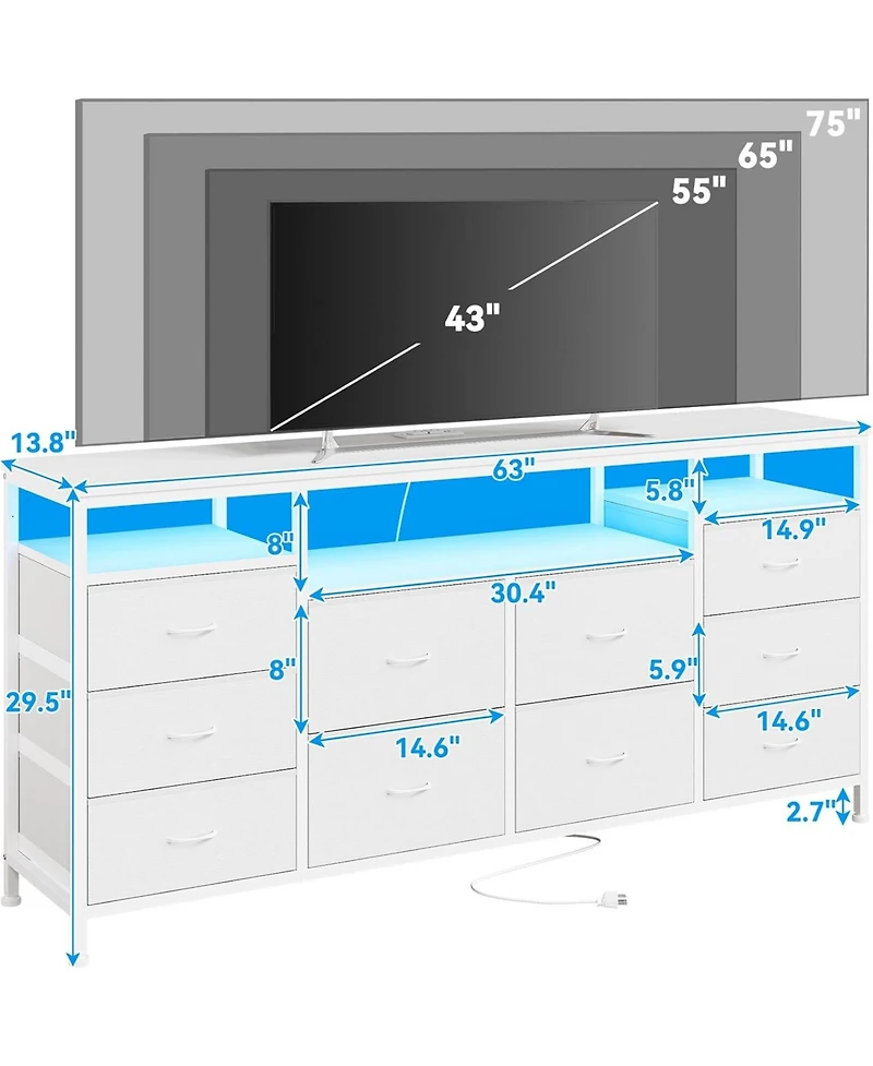 gaomon 63" Dresser with 10 Fabric Drawers, Wide Tv Stand Built-in Usb Ports & Led Lighting, Multi-Functional Storage Unit for 75 Inch