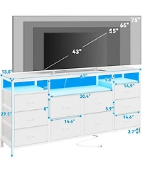gaomon 63" Dresser with 10 Fabric Drawers, Wide Tv Stand Built-in Usb Ports & Led Lighting, Multi-Functional Storage Unit for 75 Inch
