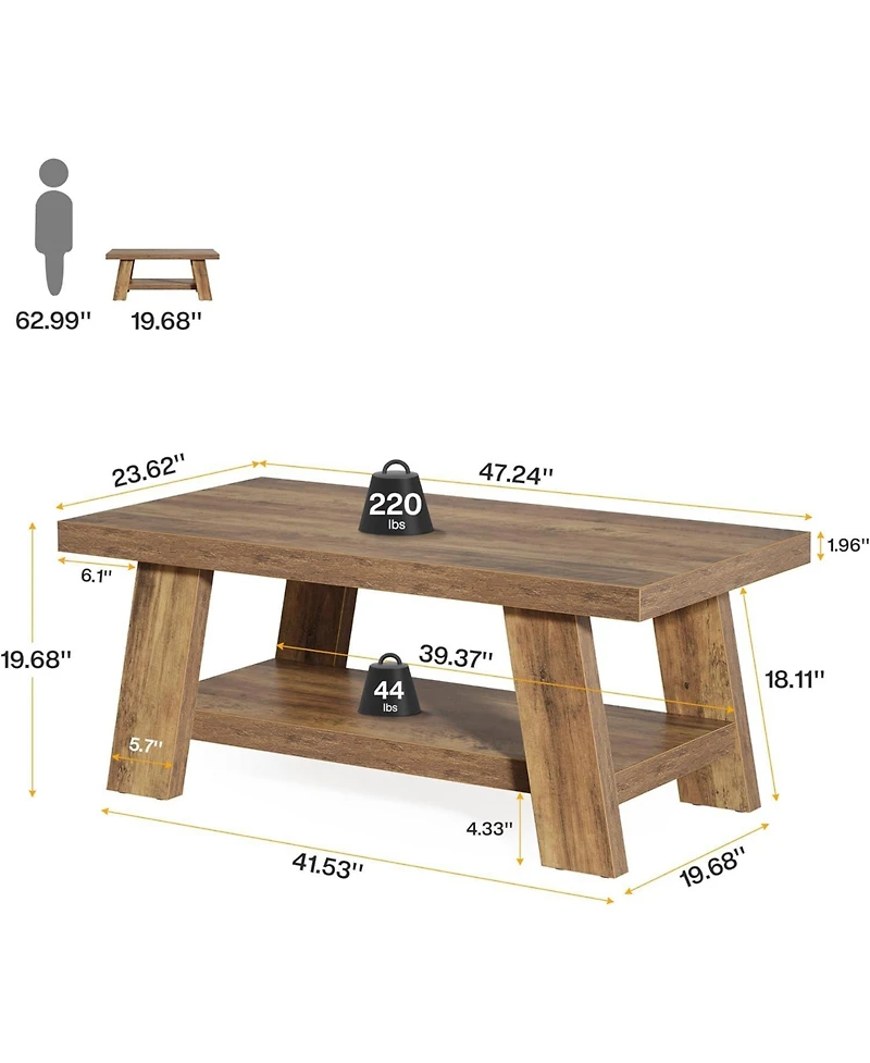 Tribesigns 2-Tier Coffee Table with Storage Shelves, 47.24"
