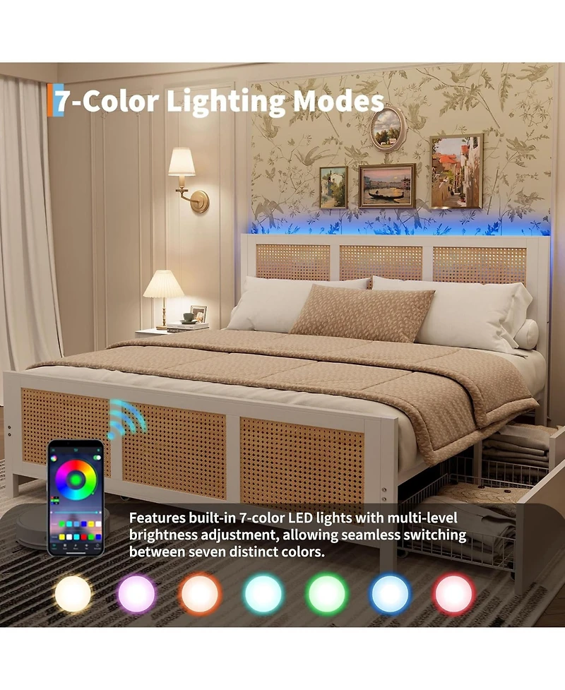 Gaomon Rattan Bed Frame with Storage Drawers, Boho King Led Strong Metal Slats Support, No Box Spring Needed, Noise-Free Design