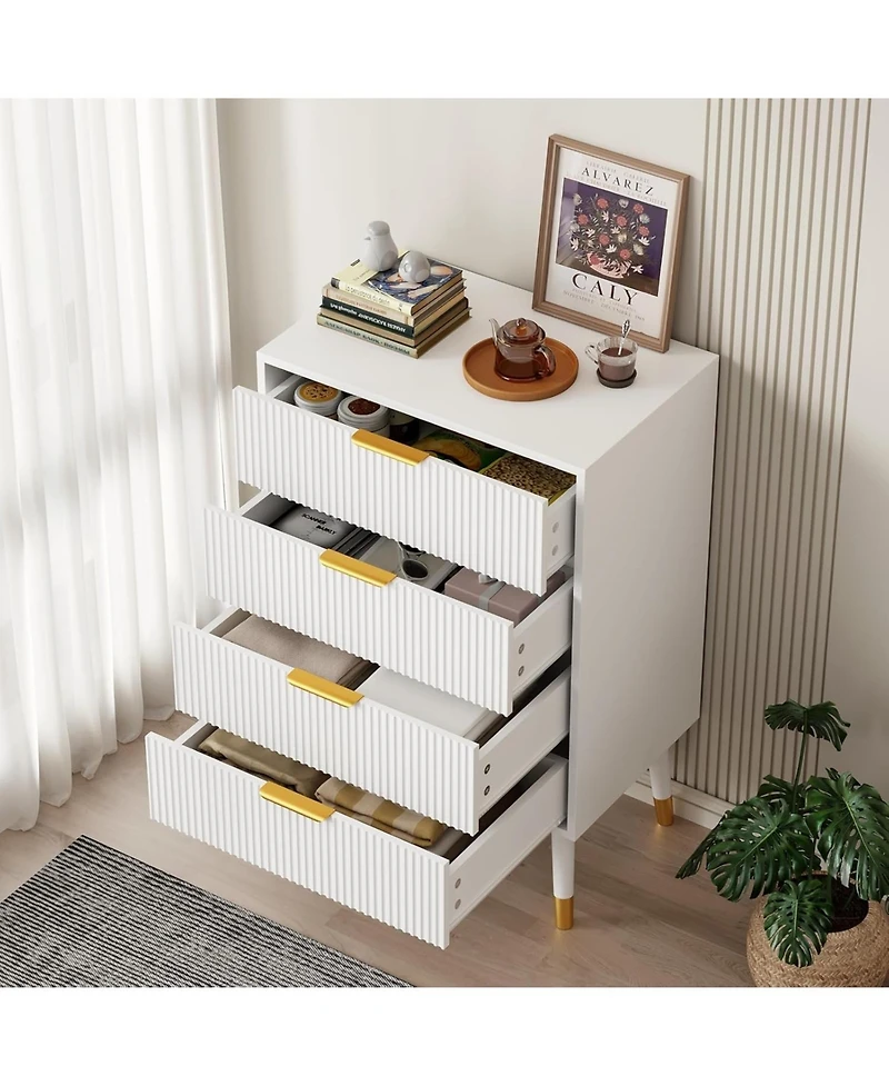gaomon fluted 4-drawer tall dresser with gold metal handles, wooden storage chest organizer for bedroom or living room