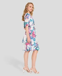 Tahari Asl Women's Faux Wrap Printed Ruffle Hem V-Neck Dress