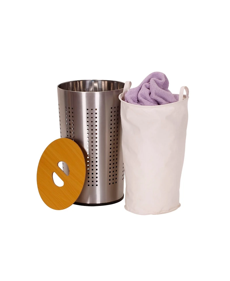 Household Essentials Round Metal Hamper with Engineered Wooden Lid, Stainless Steel