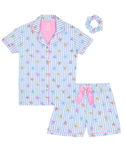 Max & Olivia Girls' 6X-14 Stripe Bow Top, Short Pants Scrunchie, 3-Piece Set