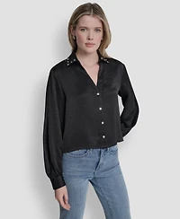 Dkny Women's Studded Collar Y-Neck Shirt