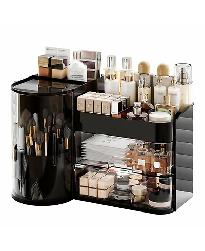 Yigii Elegant Makeup Organizer with Rotating Brush Holder & Drawers for Vanity Storage