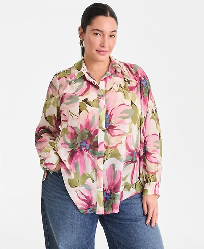 I.n.c. International Concepts Plus Printed Long-Sleeve Blouse, Created for Macy's